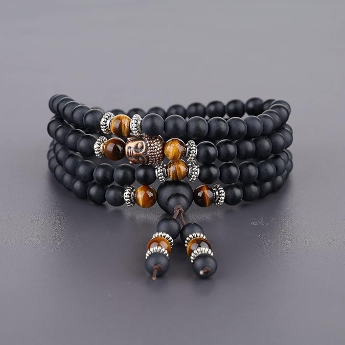 MacroVision 108 Mala Beads Black Obsidian Tiger Eye Stone Hamsa Hand Bracelet For Bad Energy protection and Mental Peace.