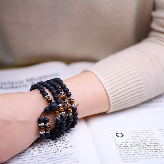 MacroVision 108 Mala Beads Black Obsidian Tiger Eye Stone Hamsa Hand Bracelet For Bad Energy protection and Mental Peace.