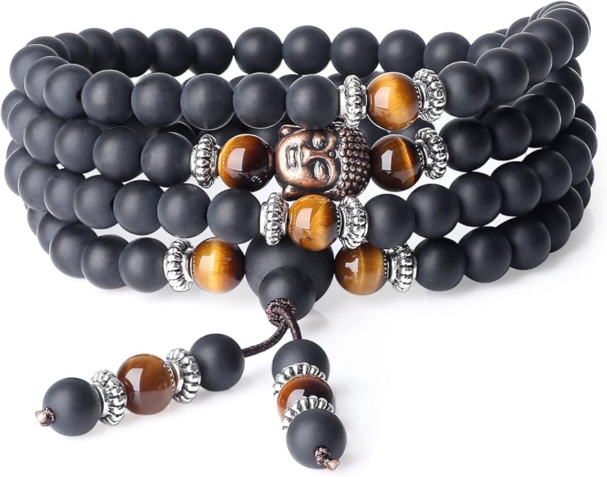 MacroVision 108 Mala Beads Black Obsidian Tiger Eye Stone Hamsa Hand Bracelet For Bad Energy protection and Mental Peace.