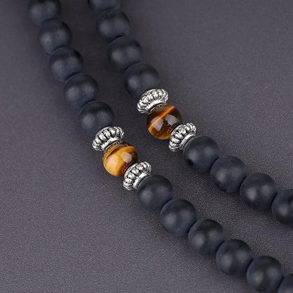 MacroVision 108 Mala Beads Black Obsidian Tiger Eye Stone Hamsa Hand Bracelet For Bad Energy protection and Mental Peace.